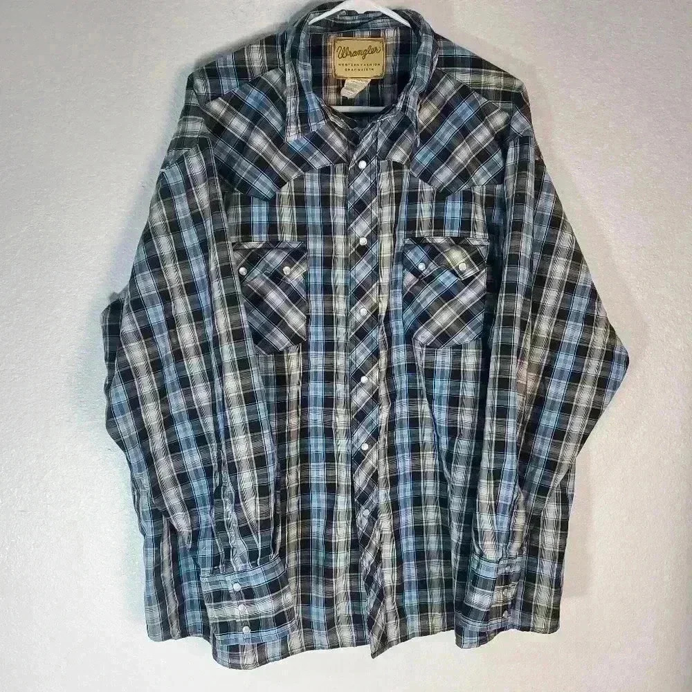 Wrangler Jeans Co Pearl Snap Button Up Shirt Western Blue Plaid Mens 3XL